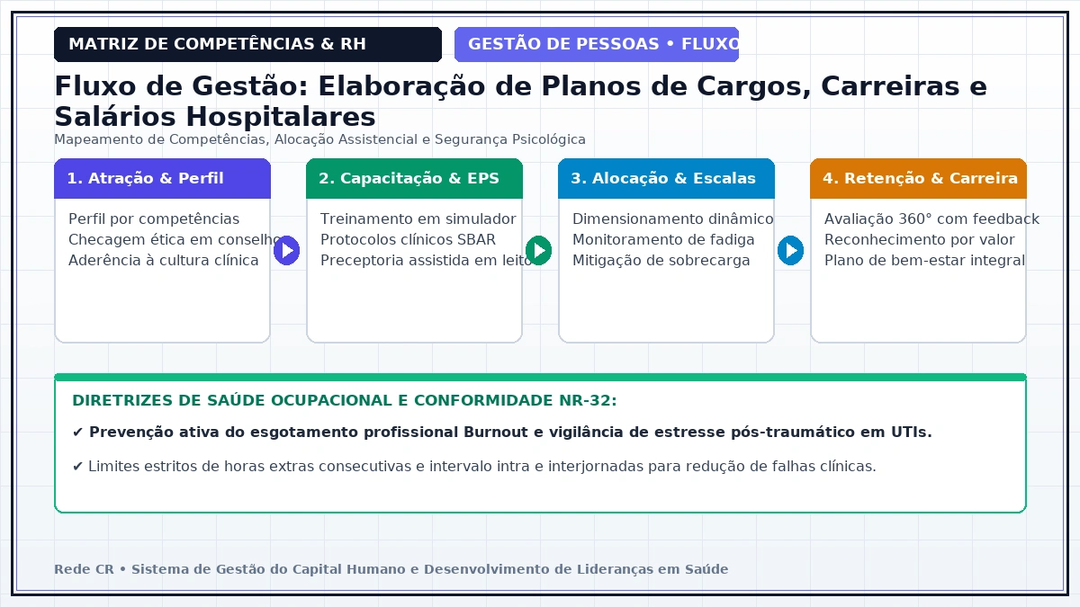 Diagrama de Engenharia de Processos de Pessoas e Matriz de Competências Clínicas - Gestão de Escalas Médicas, Plantões e Mitigação da Fadiga Operacional