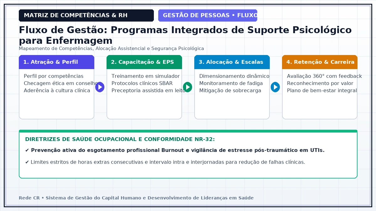 Diagrama de Engenharia de Processos de Pessoas e Matriz de Competências Clínicas - Gestão de Escalas Médicas, Plantões e Mitigação da Fadiga Operacional